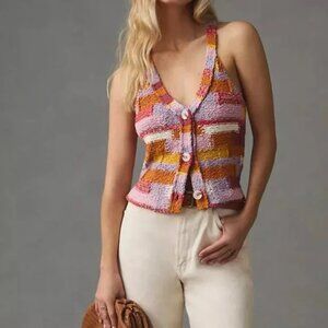 Pilcro Patchwork Knit Sweater Vest Button Front Tank Top - XS